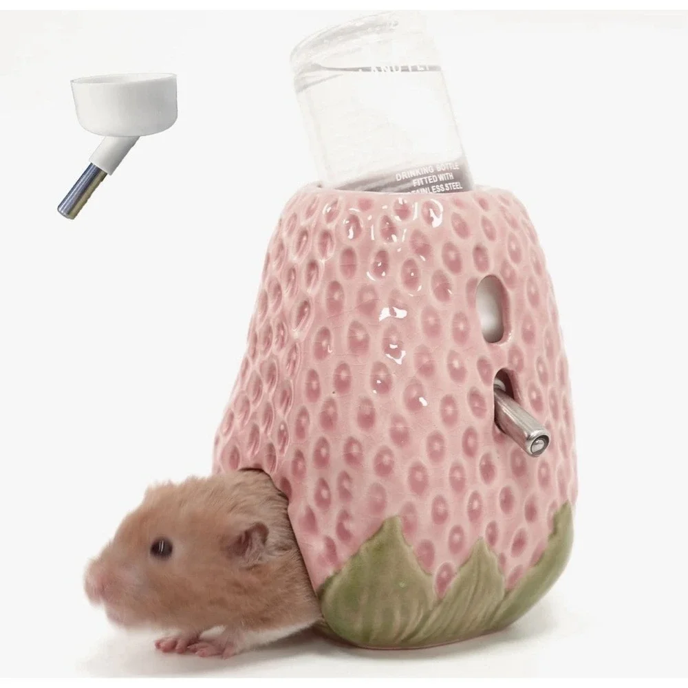 Strawberry Ceramic Hamster Gerbil Water Bottle Holder Hideout House 5